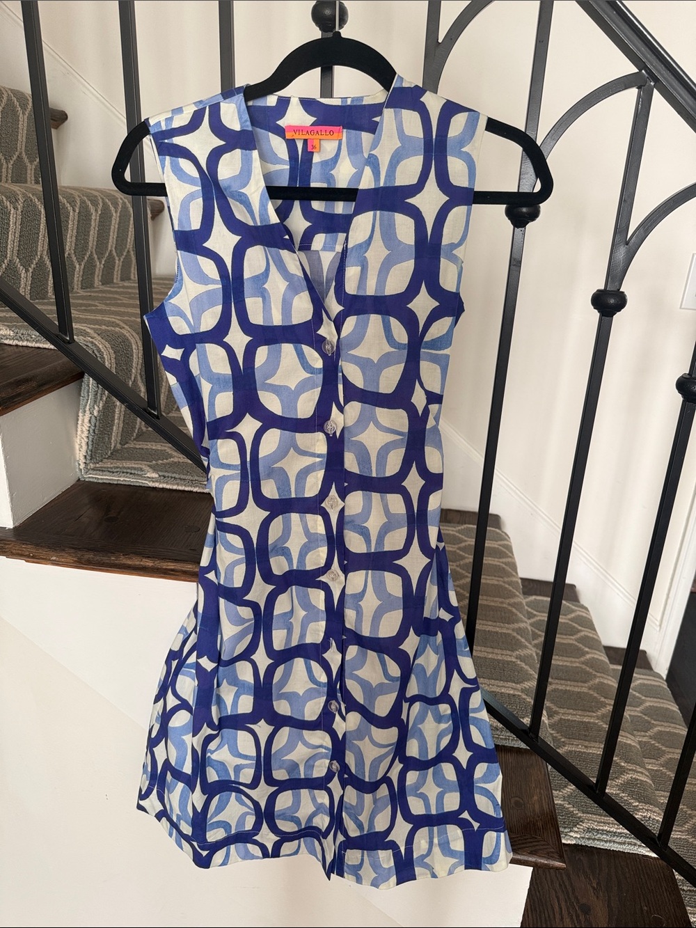 Vilagallo Blue and White Geometric Sleeveless Button-Front MIDI Dress